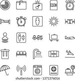 Thin Line Icon Set - antenna vector, arrival, suitcase, baggage trolley, cafe, coffee machine, automatic door, umbrella, elevator, alarm clock, trash bin, male, waiting area, bomb in case, passport
