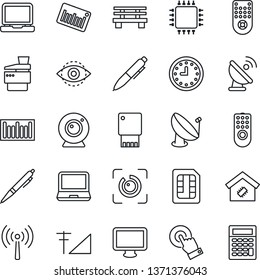 Thin Line Icon Set - antenna vector, pen, bench, clock, barcode, satellite, remote control, touch screen, monitor, laptop pc, sim, eye id, cellular signal, copier, smart home, chip, web camera