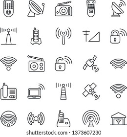 Thin Line Icon Set - antenna vector, satellite, wireless notebook, office phone, radio, remote control, cellular signal, lock, garage gate