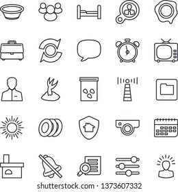 Thin Line Icon Set - antenna vector, alarm clock, sun, document search, stamp, sproute, fireplace, seeds, term, tv, group, message, tuning, user, folder, mute, update, case, bedroom, plates, bowl