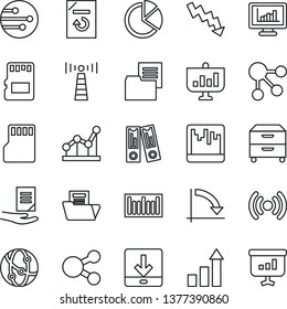 Thin Line Icon Set - antenna vector, growth statistic, office binder, crisis graph, document, reload, folder, barcode, network, scanner, sd, download, monitor statistics, pie, point, archive box