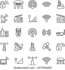 Thin Line Icon Set - antenna vector, satellite, wireless notebook, office phone, radio, remote control, cellular signal, lock, router, garage gate
