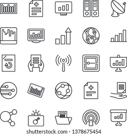 Thin Line Icon Set - antenna vector, bomb in case, growth statistic, office binder, document, monitor, reload, diagnosis, barcode, satellite, network, share, scanner, statistics, bar graph, folder
