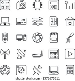 Thin Line Icon Set - antenna vector, credit card, calculator, notebook pc, garden fork, clock, satellite, camera, laptop, play button, mobile, tuning, sd, sim, cellular signal, smart home, chip