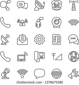 Thin Line Icon Set - antenna vector, satellite, wireless notebook, speaking man, gear, team, 24 hours, microphone, network, dialog, share, mail, call, message, sim, cellular signal, web camera