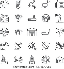 Thin Line Icon Set - antenna vector, satellite, wireless notebook, office phone, radio, remote control, lock, router, garage gate