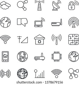 Thin Line Icon Set - antenna vector, wireless notebook, clouds, earth, satellite, network, share, finger down, cellular signal, smart home, chip, lock, router, control app, social media