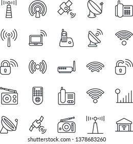 Thin Line Icon Set - antenna vector, satellite, wireless notebook, office phone, radio, remote control, cellular signal, lock, router, garage gate