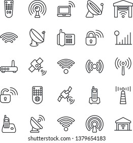 Thin Line Icon Set - antenna vector, satellite, wireless notebook, office phone, remote control, radio, cellular signal, lock, router, garage gate