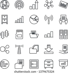 Thin Line Icon Set - antenna vector, growth statistic, office binder, document, folder, barcode, network, share, scanner, sd, data exchange, download, bar graph, pie, archive box, wireless