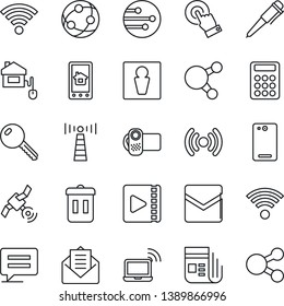 Thin Line Icon Set - antenna vector, male, wireless notebook, pen, satellite, news, video camera, network, touch screen, share, mail, phone back, message, calculator, key, home control, app