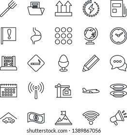 Thin Line Icon Set - antenna vector, smoking place, globe, plane, abacus, farm fork, stomach, important flag, up side sign, dialog, menu, wireless, charge, calendar, clock, news, document folder