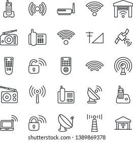 Thin Line Icon Set - antenna vector, wireless notebook, office phone, satellite, radio, remote control, cellular signal, lock, router, garage gate