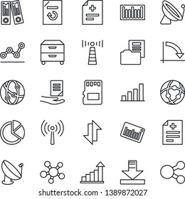 Thin Line Icon Set - antenna vector, satellite, growth statistic, office binder, crisis graph, document, reload, diagnosis, barcode, network, share, sd, data exchange, download, bar, pie, folder