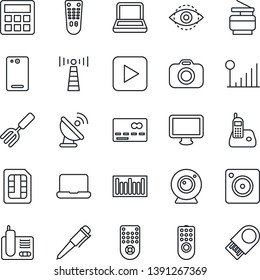 Thin Line Icon Set - antenna vector, credit card, pen, garden fork, barcode, satellite, camera, remote control, monitor, radio phone, play button, back, mobile, calculator, sim, eye id, notebook pc