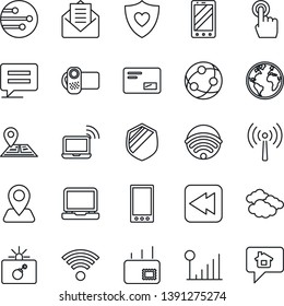 Thin Line Icon Set - antenna vector, bomb in case, wireless notebook, clouds, mobile phone, heart shield, navigation, earth, video camera, network, touch screen, laptop pc, mail, rewind, message