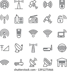 Thin Line Icon Set - antenna vector, satellite, wireless notebook, radio, remote control, phone, cellular signal, lock, router, garage gate