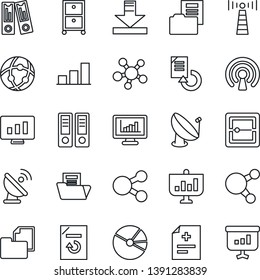 Thin Line Icon Set - antenna vector, office binder, statistic monitor, document reload, diagnosis, folder, satellite, share, scanner, network, download, statistics, bar graph, pie, archive box