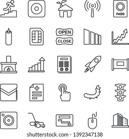 Thin Line Icon Set - antenna vector, fence, passport, growth statistic, mouse, lawn mower, caterpillar, diagnosis, traffic light, sorting, touch screen, rec button, mobile camera, mail, sim, candle