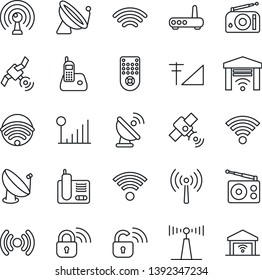 Thin Line Icon Set - antenna vector, satellite, radio, remote control, phone, wireless, cellular signal, lock, router, garage gate