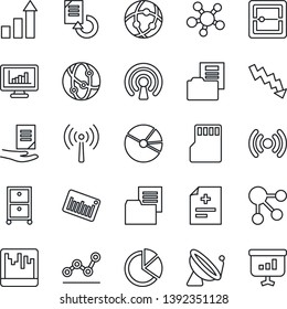 Thin Line Icon Set - antenna vector, satellite, growth statistic, crisis graph, document, reload, diagnosis, folder, barcode, network, share, scanner, sd, monitor statistics, pie, point, archive box