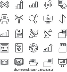 Thin Line Icon Set - antenna vector, satellite, growth statistic, document, reload, diagnosis, folder, barcode, share, scanner, sd, network, data exchange, monitor statistics, bar graph, wireless