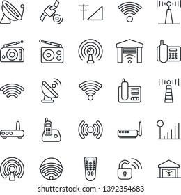 Thin Line Icon Set - antenna vector, satellite, office phone, radio, remote control, wireless, cellular signal, lock, router, garage gate