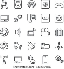 Thin Line Icon Set - antenna vector, wireless notebook, ladder, satellite, speaker, tv, video camera, monitor, phone back, mobile, settings, record, fingerprint id, heater, socket, power plug, gear