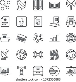 Thin Line Icon Set - antenna vector, office binder, document, reload, diagnosis, barcode, satellite, network, share, download, monitor statistics, bar graph, folder, archive box, wireless