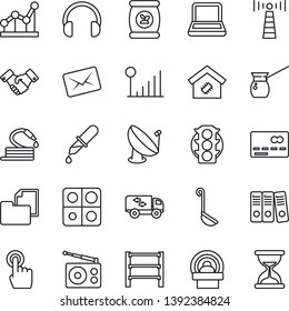 Thin Line Icon Set - antenna vector, credit card, handshake, hose, fertilizer, dropper, tomography, traffic light, folder document, rack, satellite, radio, touch screen, headphones, cellular signal