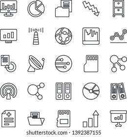 Thin Line Icon Set - antenna vector, satellite, growth statistic, office binder, crisis graph, monitor, document reload, diagnosis, share, scanner, sd, network, pie, folder, point, archive box