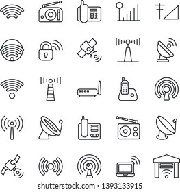 Thin Line Icon Set - antenna vector, satellite, wireless notebook, office phone, radio, cellular signal, lock, router, garage gate control