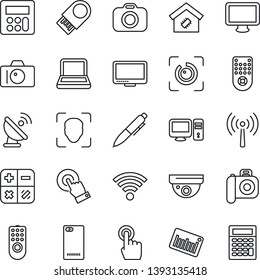 Thin Line Icon Set - antenna vector, camera, calculator, pen, barcode, satellite, remote control, touch screen, monitor, phone back, wireless, face id, eye, notebook pc, smart home, usb flash