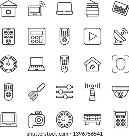 Thin Line Icon Set - antenna vector, wireless notebook, pc, garden fork, bench, clock, barcode, satellite, camera, remote control, laptop, play button, tuning, calculator, face id, copier