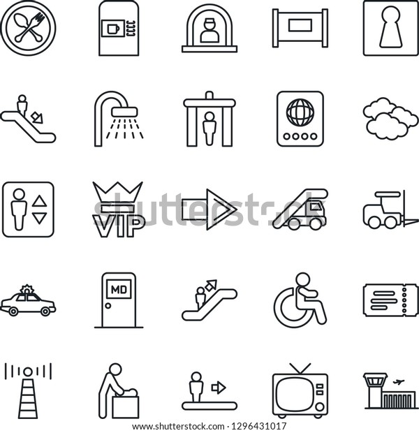 Thin Line Icon Set - antenna vector, fence, spoon\
and fork, coffee machine, security gate, elevator, escalator,\
female, tv, vip, ticket, alarm car, baby room, disabled, reception,\
passport, shower