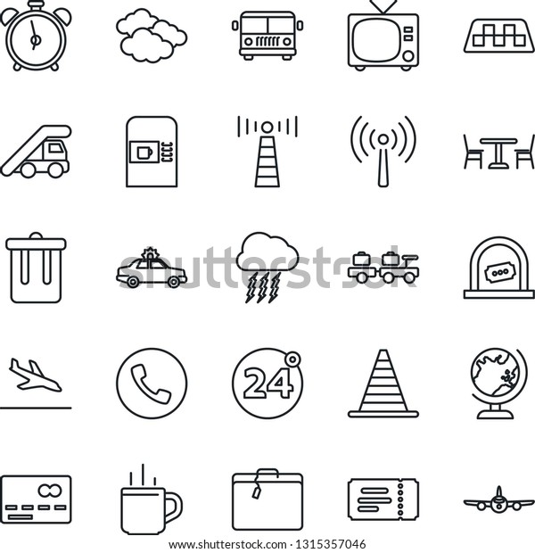 Thin Line Icon Set - antenna vector, taxi, arrival,\
suitcase, airport bus, hot cup, cafe, 24 around, coffee machine,\
alarm clock, phone, trash bin, tv, credit card, ticket, car,\
office, globe, plane