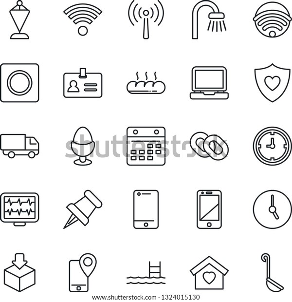 Thin Line Icon Set - antenna vector, identity,
pennant, monitor pulse, heart shield, mobile tracking, car
delivery, clock, package, cell phone, laptop pc, chain, paper pin,
record, calendar, pool