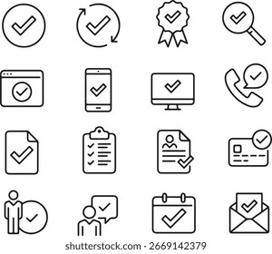 Ícone de linha fina definido para aprovação verificar confirmar verificar validar corrigir aceitar aprovado confirmado confirmado concluído confirmar confirmação validação. Traçado editável de ícones perfeitos de pixel.