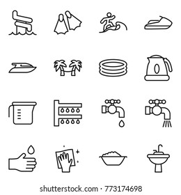 Thin line icon set : aquapark, flippers, surfer, jet ski, yacht, palm hammock, inflatable pool, kettle, measuring cup, watering, water tap, hand drop, wiping, foam basin, sink