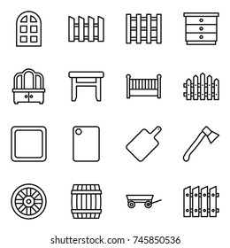 thin line icon set : arch window, fence, pallet, chest of drawers, dresser, stool, crib, cutting board, axe, wheel, barrel, trailer