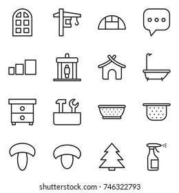 thin line icon set : arch window, tower crane, greenhouse, sms, sorting, detector, bungalow, bath, nightstand, repair tools, colander, mushroom, spruce, sprayer