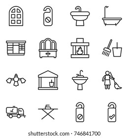 thin line icon set : arch window, do not distrub, sink, bath, wardrobe, dresser, fireplace, bucket and broom, hard reach place cleaning, utility room, water tap, brooming, home call, iron board