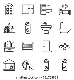 thin line icon set : arch window, plan, hotel, hospital, do not distrub, sink, bath, dresser, crib, door, hard reach place cleaning, utility room, brooming, please clean