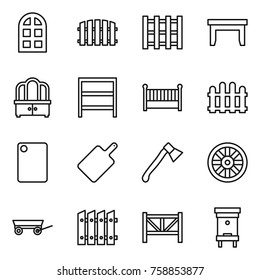 Thin line icon set : arch window, fence, pallet, table, dresser, rack, crib, cutting board, axe, wheel, trailer, farm, hive