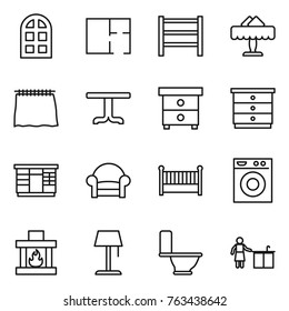 Thin line icon set : arch window, plan, rack, restaurant, curtain, table, nightstand, chest of drawers, wardrobe, armchair, crib, washing machine, fireplace, floor lamp, toilet, kitchen cleaning