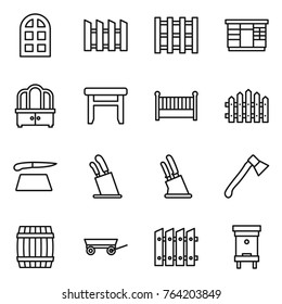 Thin line icon set : arch window, fence, pallet, wardrobe, dresser, stool, crib, cutting board, stands for knives, knife holder, axe, barrel, trailer, hive