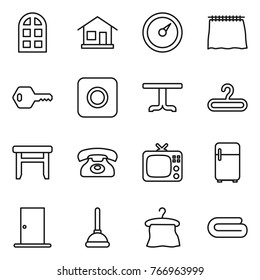 Thin line icon set : arch window, home, barometer, curtain, key, ring button, table, hanger, stool, phone, tv, fridge, door, plunger, towel
