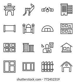 Thin line icon set : arch, greate wall, drawbridge, houses, fence, minaret, hangare, modular house, panel, district, architector, home, window, barn