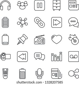 Thin Line Icon Set - archive chest vector, flame disk, radio, news, equalizer, video camera, microphone, remote control, dialog, headphones, share, chain, group, heart, paper pin, battery, low