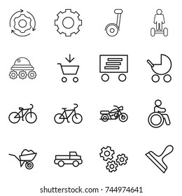 thin line icon set : around gear, segway, hoverboard, lunar rover, add to cart, delivery, baby stroller, bike, motorcycle, invalid, wheelbarrow, pickup, gears, scraper